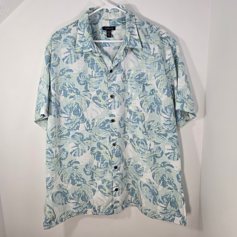 Van Heusen Mens XL Tropical Monstera Leaf Print Button Down Shirt Blue Green